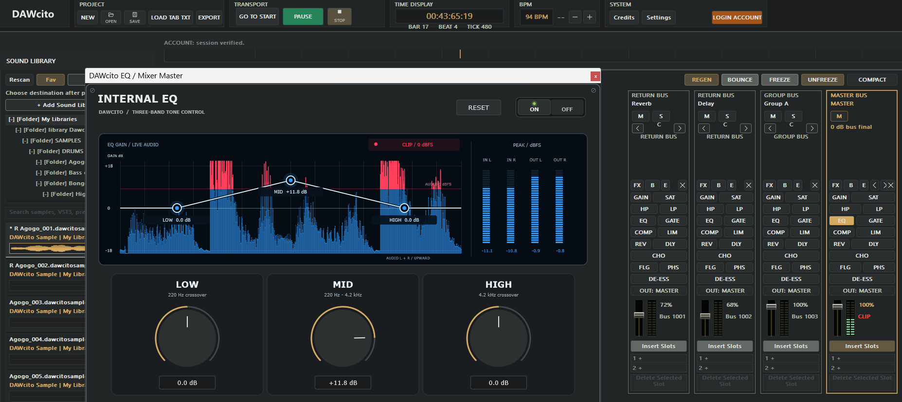 Mixer de DAWcito con canales y efectos internos