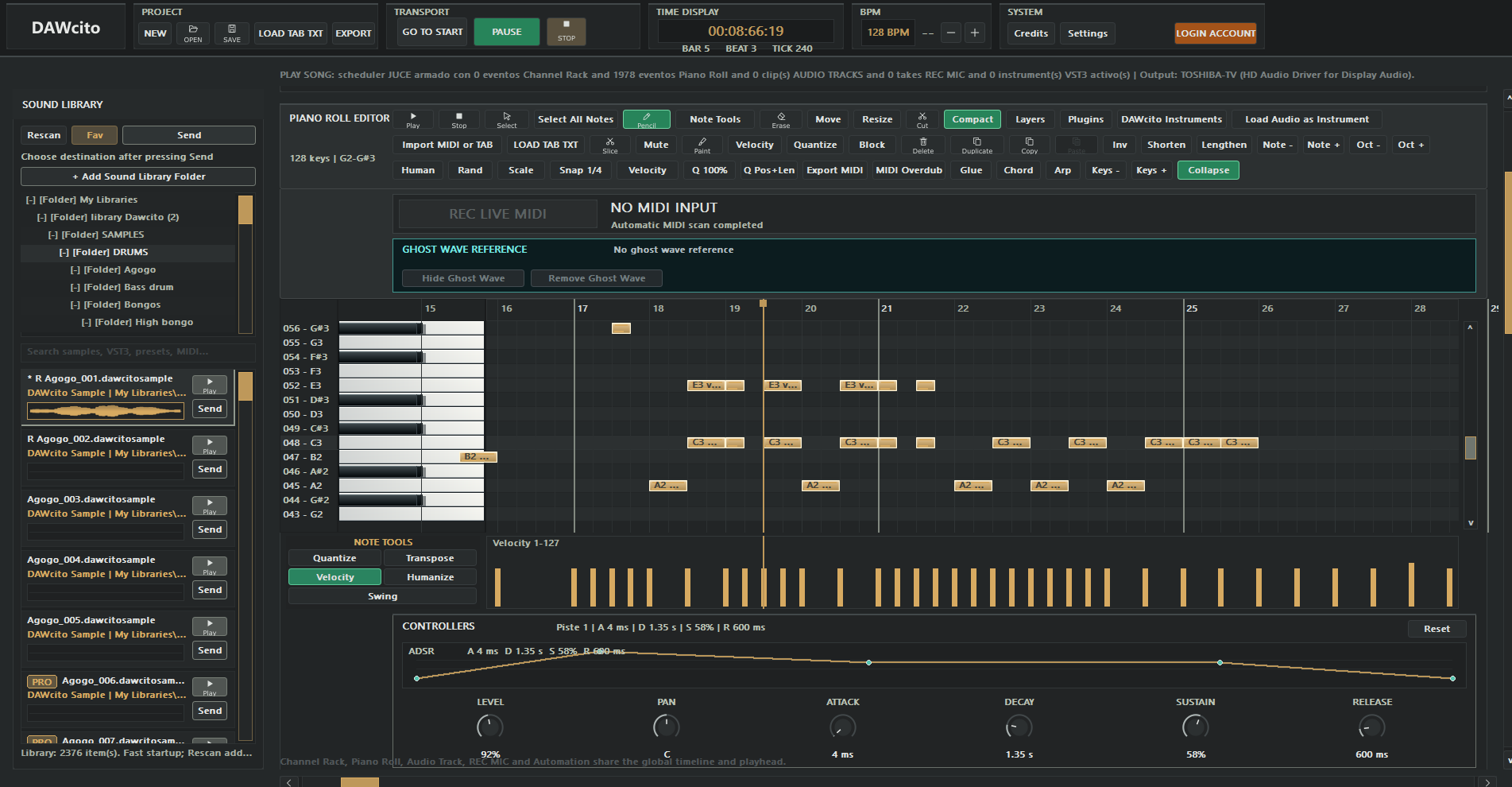 Piano Roll del DAW DAWcito para editar notas MIDI